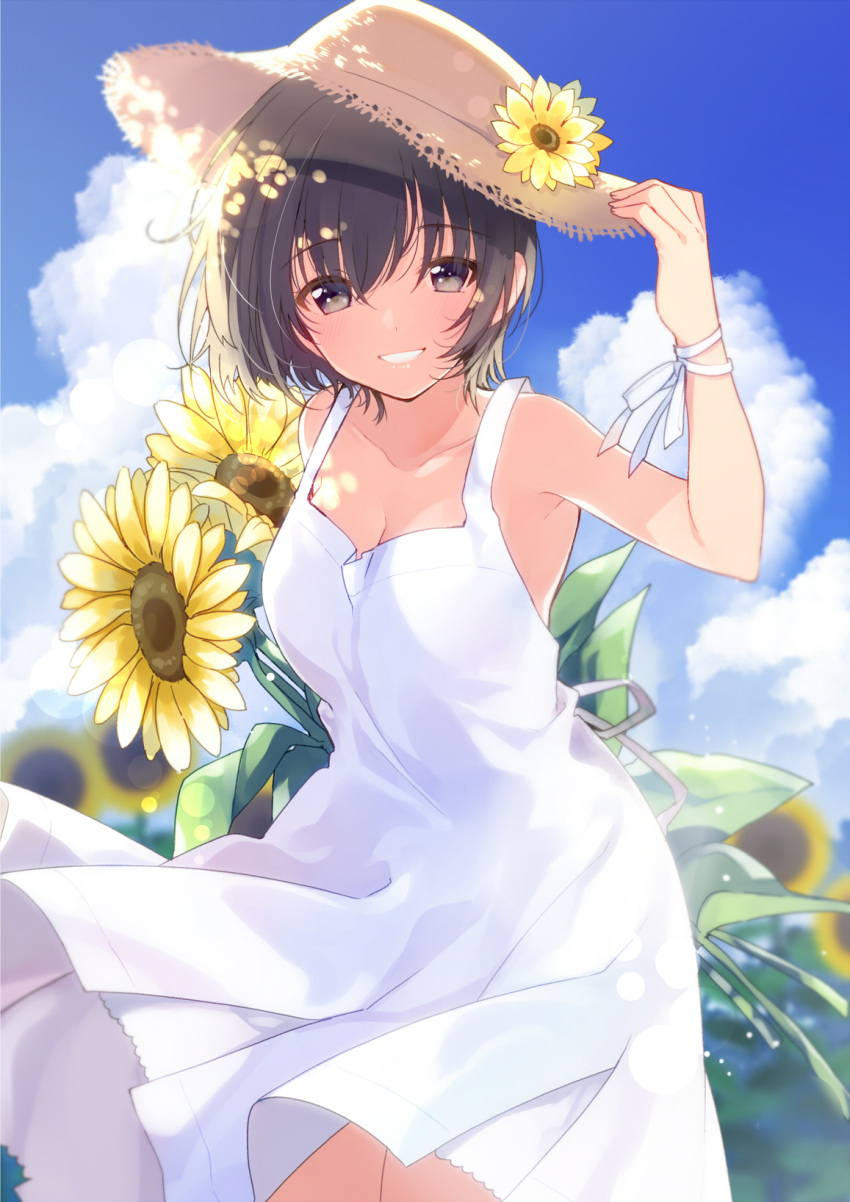 1girl black_eyes blue_sky blush breasts brown_hair cleavage clouds collarbone day dress eyebrows_visible_through_hair flower hair_between_eyes hat hat_flower highres lips looking_at_viewer medium_breasts original outdoors ribbon short_hair sky sleeveless sleeveless_dress smile solo straw_hat summer sun_hat sundress sunflower teeth u35 white_dress white_ribbon wrist_ribbon