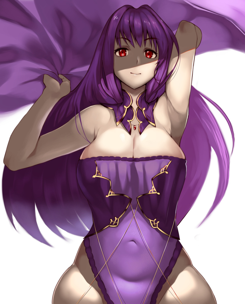 1girl absurdres adapted_costume bangs bare_shoulders breasts cape choker cleavage covered_navel fate/grand_order fate_(series) highres kisaragi_(legobionicle23) large_breasts light_smile long_hair looking_at_viewer one-piece_swimsuit red_eyes scathach_(fate)_(all) scathach_(fate/grand_order) scathach_skadi_(fate/grand_order) shadow solo swimsuit white_background