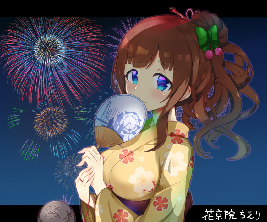 .live 1girl akiiro alternate_hairstyle blue_eyes blush bow breasts brown_hair character_name cherry cherry_hair_ornament closed_mouth eyebrows_visible_through_hair fan fireworks food food_themed_hair_ornament fruit green_bow hair_bow hair_bun hair_ornament holding holding_fan japanese_clothes kakyouin_chieri kimono large_breasts letterboxed looking_at_viewer medium_breasts night rock_of_ages smile solo