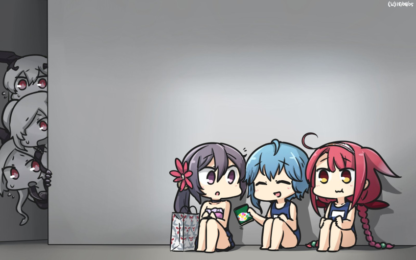 6+girls ^_^ ^o^ ahoge akebono_(kantai_collection) anchorage_oni armored_aircraft_carrier_hime asymmetrical_hair bell blue_hair blue_skirt blue_swimsuit braid closed_eyes closed_eyes dated flower hair_bell hair_between_eyes hair_flaps hair_flower hair_ornament hair_over_one_eye hairband hamu_koutarou highres holding jingle_bell kantai_collection kawakaze_(kantai_collection) long_hair minazuki_(kantai_collection) multiple_girls one-piece_swimsuit open_mouth pink_flower pleated_skirt purple_hair red_eyes redhead school_swimsuit shinkaisei-kan short_hair side_ponytail skirt smile southern_ocean_oni swimsuit twin_braids violet_eyes white_hair white_hairband yellow_eyes
