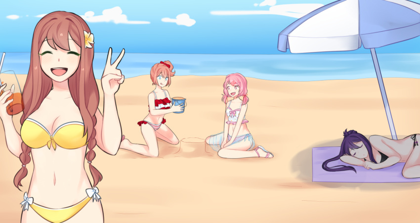 4girls :d :q ^_^ alternate_hairstyle beach beach_umbrella bikini black_bikini blanket blue_eyes blue_sky braid breasts brown_hair bucket closed_eyes closed_eyes clouds commentary cup day doki_doki_literature_club drinking_glass drinking_straw english_commentary facing_viewer fang flower frilled_bikini frills fucknah hair_flower hair_ornament kneeling long_hair low_twintails lying medium_breasts medium_hair monika_(doki_doki_literature_club) multiple_girls natsuki_(doki_doki_literature_club) navel on_side open_mouth outdoors pink_eyes pink_hair sand sayori_(doki_doki_literature_club) short_hair short_sidetail short_twintails side-tie_bikini side_ponytail sitting sky sleeping smile swimsuit tongue tongue_out twin_braids twintails umbrella v yellow_bikini yuri_(doki_doki_literature_club)