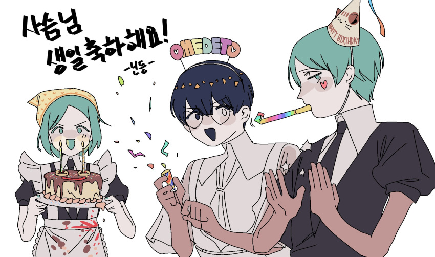 3others apron birthday_cake blue_eyes blue_hair cake candle clapping food frilled_apron frills gem_uniform_(houseki_no_kuni) glasses green_eyes green_hair hairband happy_birthday hat heart heart-shaped_eyewear heterochromia highres houseki_no_kuni looking_at_viewer multiple_others party_hat party_horn party_popper phosphophyllite phosphophyllite_(ll) simple_background smile spoilers upper_body white_background