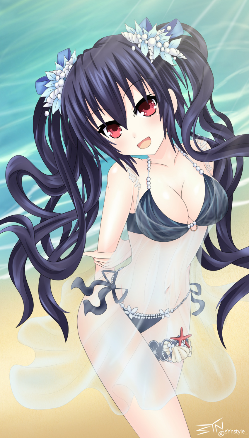 1girl arms_behind_back artist_name beach bikini black_hair blush breasts choujigen_game_neptune eyebrows_visible_through_hair hair_between_eyes hair_ornament hand_on_own_arm highres jewelry looking_at_viewer neptune_(series) noire ocean open_mouth red_eyes ribbon see-through smile solo standing swimsuit syn_(synstyle) thigh_strap thighs twintails wavy_hair
