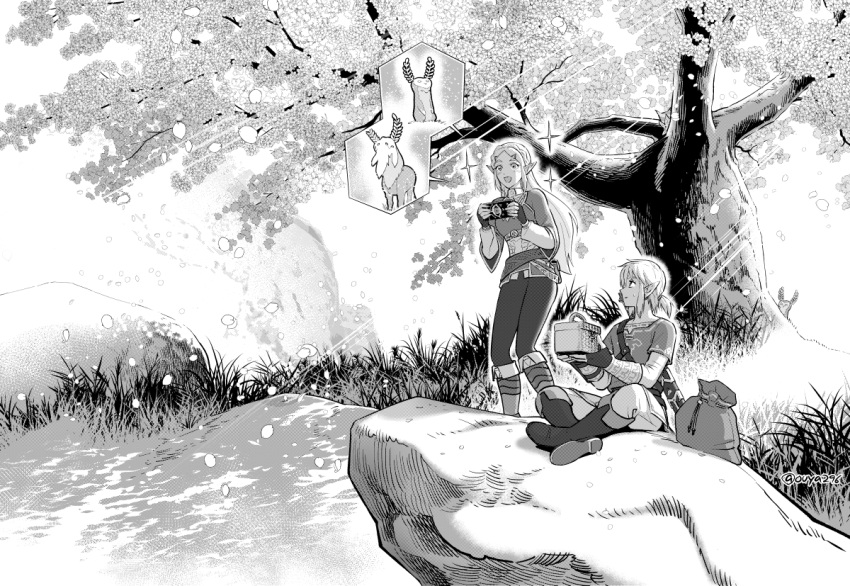 1boy 1girl artist_name bag boots cherry_blossoms cliff fingerless_gloves gloves grass greyscale indian_style link monochrome obentou open_mouth ouya_(maboroshimori) petals pointy_ears princess_zelda sheikah_slate short_ponytail sitting smile sparkle sunlight the_legend_of_zelda the_legend_of_zelda:_breath_of_the_wild tree tree_shade twitter_username weapon weapon_on_back