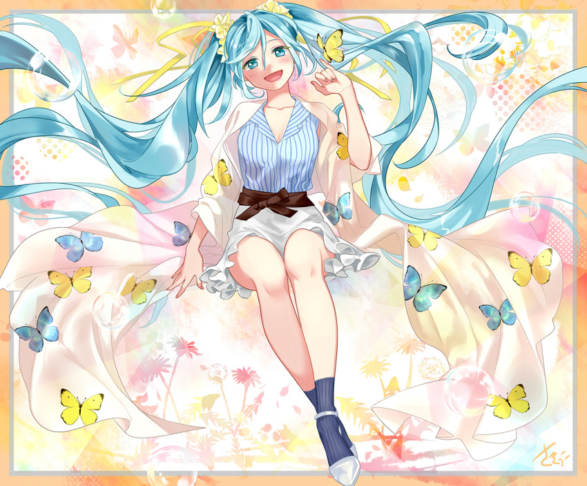 1girl :d animal_print bare_legs black_ribbon blue_butterfly blue_eyes blue_hair blue_legwear blue_shirt blush border bubble bug butterfly butterfly_print cloak clothes_lift eyebrows_visible_through_hair fingernails floating_hair floral_background flower frilled_skirt frills full_body half-closed_eyes hand_up happy hatsune_miku insect legs_crossed long_hair looking_at_viewer multicolored multicolored_background open_mouth orange_background outside_border palm_tree pink_background plant polka_dot polka_dot_background purple_background ribbon sakikko shirt sitting skirt smile socks solo striped striped_legwear striped_shirt tree vertical-striped_legwear vertical-striped_shirt vertical_stripes very_long_hair vocaloid white_background white_cloak white_footwear white_skirt yellow_butterfly
