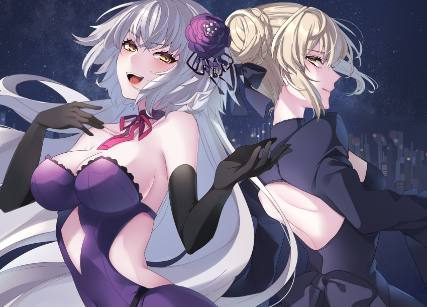 2girls artoria_pendragon_(all) back-to-back back_cutout bare_shoulders black_dress black_gloves black_ribbon blonde_hair blush breasts city cityscape cleavage commentary_request dress elbow_gloves eyebrows_visible_through_hair fate/grand_order fate_(series) flower gloves hair_between_eyes hair_bun hair_flower hair_ornament highres jeanne_d'arc_(alter)_(fate) jeanne_d'arc_(fate)_(all) large_breasts long_hair looking_to_the_side multiple_girls navel_cutout neko-san_(dim.dream) night night_sky open_mouth outdoors purple_dress red_ribbon ribbon saber_alter sideboob sidelocks silver_hair sky smile star very_long_hair yellow_eyes