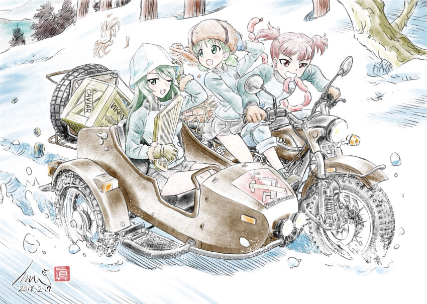 3girls aki_(girls_und_panzer) artist_name bangs blue_hat blue_jacket blue_skirt box brown_eyes brown_gloves brown_hair brown_hat colored_pencil_(medium) crab cyrillic dated day driving emblem english eyebrows_visible_through_hair food food_in_mouth fur_hat girls_und_panzer gloves green_eyes grin ground_vehicle hair_tie hand_on_headwear hat highres holding holding_instrument instrument jacket kantele keizoku_military_uniform kubota_shinji light_brown_hair long_hair long_sleeves looking_at_viewer looking_back mika_(girls_und_panzer) mikko_(girls_und_panzer) military military_uniform miniskirt motion_blur motor_vehicle motorcycle mouth_hold multiple_girls one_eye_closed open_mouth outdoors pants pants_rolled_up pants_under_skirt pleated_skirt pravda_(emblem) raglan_sleeves red_eyes redhead russian sausage short_hair short_twintails sidecar signature sitting skirt smile snow theft track_jacket track_pants traditional_media tree twintails uniform ushanka vehicle_request watermark wheel white_gloves winter