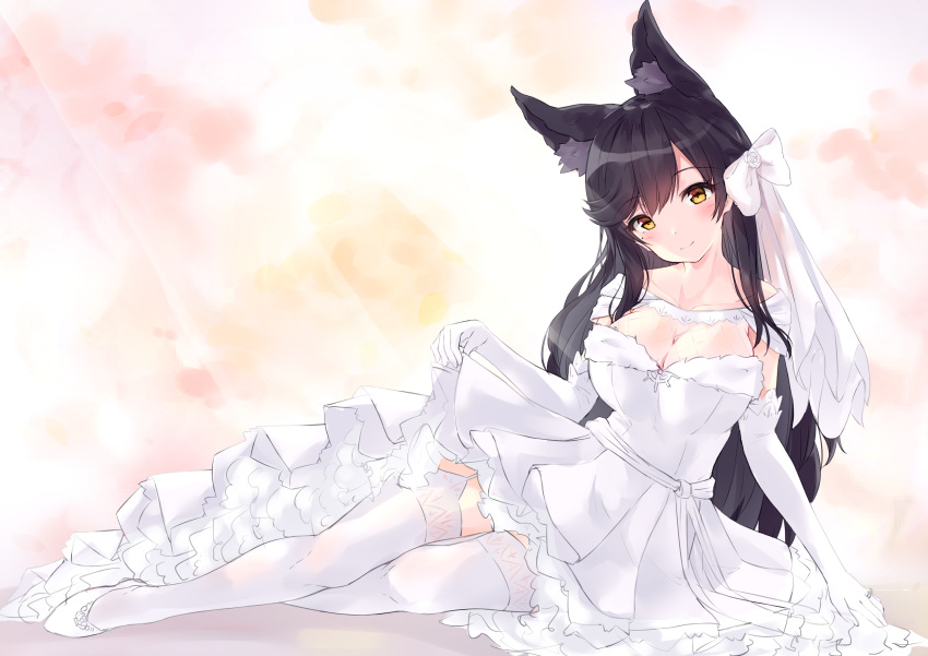 1girl absurdres alternate_costume animal_ears arm_support atago_(azur_lane) azur_lane bangs black_hair blush breasts bridal_veil brown_eyes closed_mouth commentary_request dress elbow_gloves extra_ears eyebrows_visible_through_hair gloves head_tilt highres jewelry large_breasts long_hair looking_at_viewer lying minikon mole mole_under_eye pumps ribbon ring smile solo sparkle swept_bangs thigh-highs veil wedding_band wedding_dress white_dress white_footwear white_legwear white_ribbon