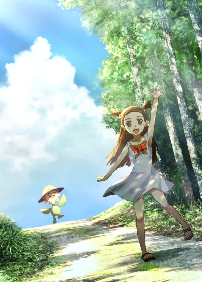 1girl :d arm_up blue_sky blush bow bowtie brown_eyes brown_hair clouds da dress floating_hair full_body highres long_hair looking_at_viewer mikan_(pokemon) open_mouth orange_bow outdoors pokemon pokemon_(game) pokemon_hgss ribero short_dress short_twintails sky sleeveless sleeveless_dress smile standing standing_on_one_leg sundress sunflora sunlight tree twintails very_long_hair white_dress