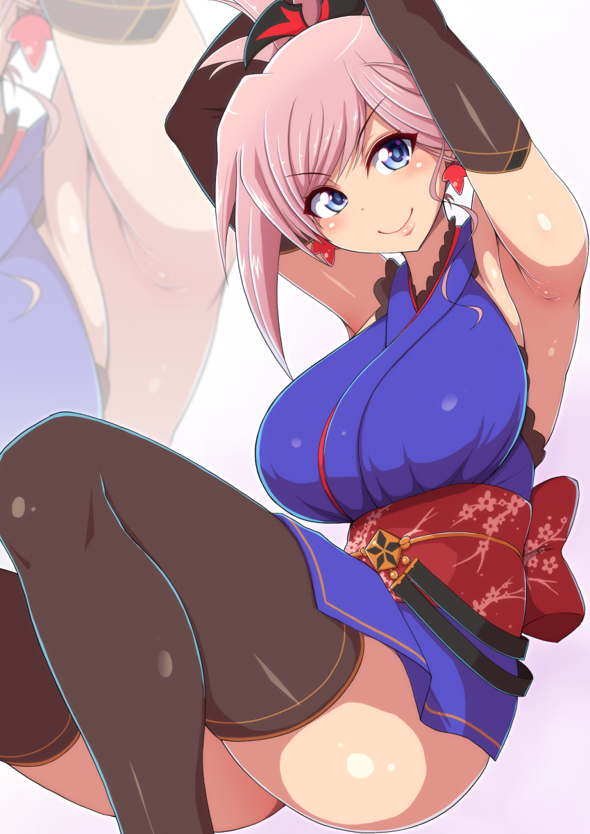1girl armpits arms_up asymmetrical_hair autumn_leaves bangs black_legwear blue_eyes blush breasts closed_mouth earrings eyebrows_visible_through_hair fate/grand_order fate_(series) gradient gradient_background highres japanese_clothes jewelry large_breasts leaf_earrings long_hair looking_at_viewer miyamoto_musashi_(fate/grand_order) obi pink_hair ponpo sash smile solo thigh-highs zoom_layer