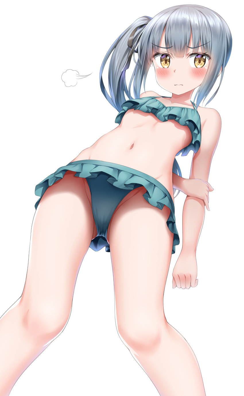 1girl =3 absurdres arm_behind_back bangs bikini bikini_skirt blue_bikini blush breasts brown_eyes cleavage collarbone eyebrows_visible_through_hair frilled_bikini frills from_below frown gluteal_fold grey_hair groin hair_ribbon head_tilt highres holding_arm kantai_collection kasumi_(kantai_collection) long_hair looking_at_viewer navel nedia_(nedia_region) remodel_(kantai_collection) ribbon side_ponytail sidelocks simple_background small_breasts solo stomach swimsuit thighs tsundere wavy_mouth white_background