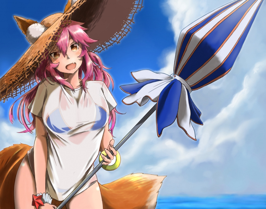 1girl animal_ear_fluff animal_ears beach_umbrella bikini bikini_under_clothes blue_bikini breasts cleavage day ears_through_headwear fang fate/grand_order fate_(series) fox_ears fox_tail hat large_breasts ocean outdoors pink_hair see-through shirt side-tie_bikini solo straw_hat sugajyun swimsuit tail tamamo_(fate)_(all) tamamo_no_mae_(swimsuit_lancer)_(fate) umbrella wet wet_clothes wet_shirt wet_t-shirt yellow_eyes