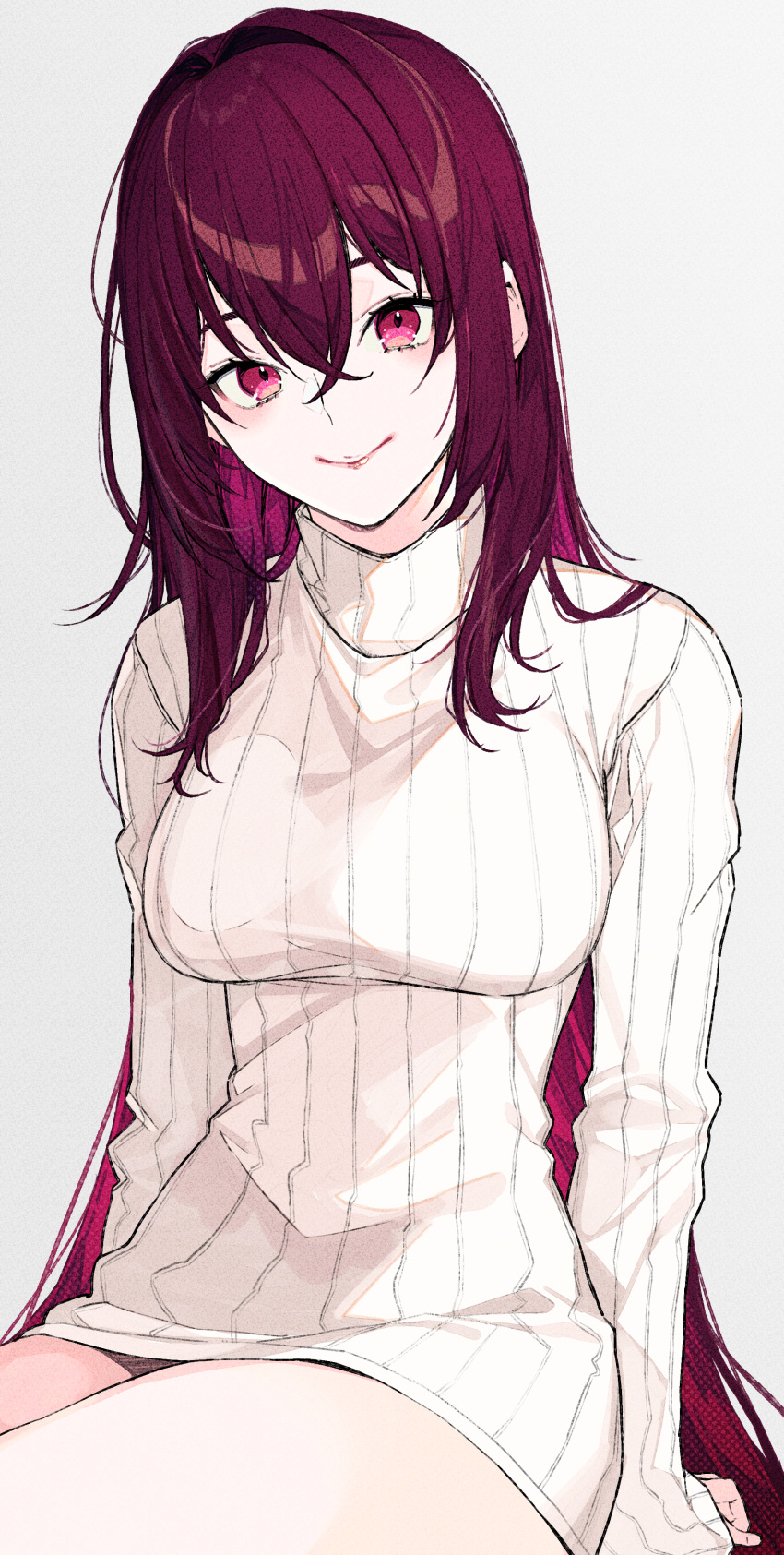 1girl absurdres breasts commentary_request fate/grand_order fate_(series) grey_background hair_intakes highres kayahara large_breasts long_hair long_sleeves looking_at_viewer purple_hair ribbed_sweater scathach_(fate)_(all) scathach_(fate/grand_order) smile sweater turtleneck turtleneck_sweater violet_eyes