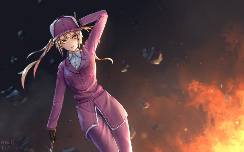 1girl artist_name baseball_cap belt blonde_hair collared_shirt dated dutch_angle eosinophil_(hataraku_saibou) explosion fur-trimmed_hat hat hataraku_saibou highres jacket long_hair long_sleeves looking_at_viewer melt} pants shirt solo twintails walking weapon yellow_eyes