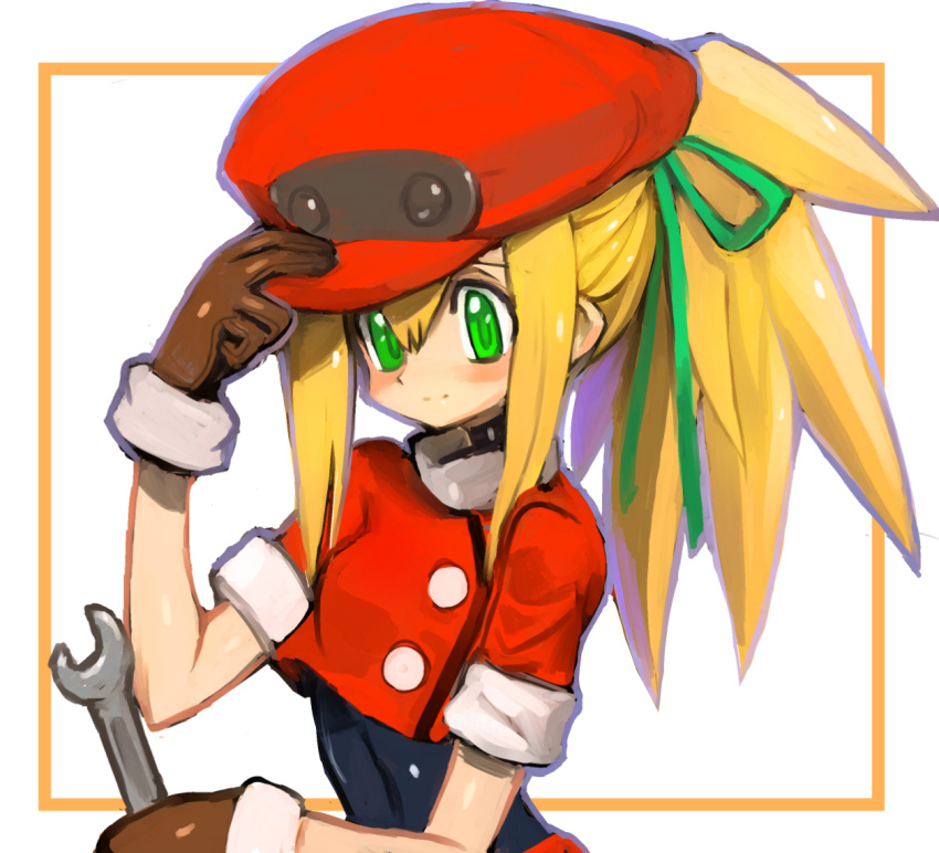 1girl adjusting_clothes adjusting_hat alternate_hairstyle blonde_hair blush breasts brown_gloves buttons cabbie_hat capcom dakusuta gloves green_eyes green_ribbon hair_between_eyes hair_ribbon hand_on_headwear hat high_ponytail holding holding_wrench long_hair ponytail ribbon rockman rockman_dash roll_caskett short_sleeves sidelocks simple_background small_breasts smile solo tools undershirt upper_body white_background wrench