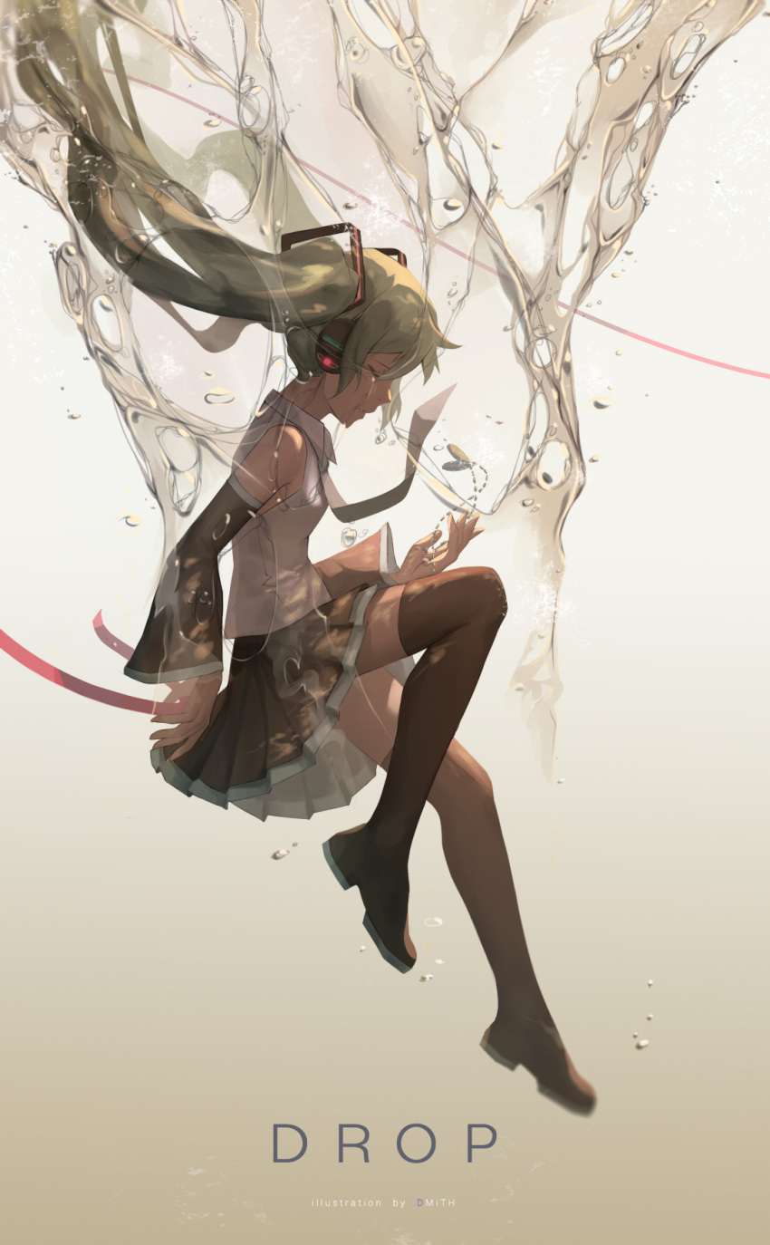 1girl air_bubble aqua_hair bagus_casbon black_legwear boots bubble closed_eyes crying detached_sleeves floating_hair green_hair hatsune_miku headphones headset highres immersed in_water long_hair necktie skirt sleeveless solo splashing submerged tears thigh-highs thigh_boots twintails underwater very_long_hair vocaloid water