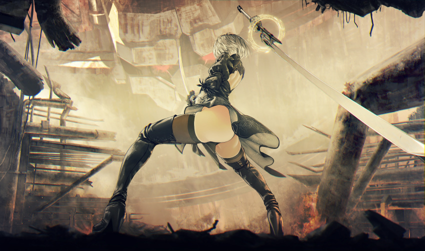 1girl ass back_cutout black_panties boots energy facing_away feather_trim fire floating floating_weapon foreshortening from_behind from_below full_body gloves high_heels highres katana kawanakajima nier_(series) nier_automata panties short_hair shoulder_blades silver_hair skirt solo stance sword thigh-highs thigh_boots underwear weapon wind yorha_no._2_type_b