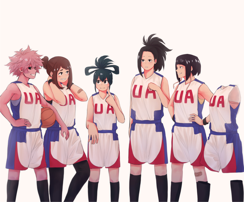 6+girls arm_at_side ashido_mina asui_tsuyu ball bandaid bandaid_on_arm bandaid_on_knee bangs bare_arms bare_shoulders basketball basketball_uniform black_eyes black_hair black_legwear black_sclera blunt_bangs blush_stickers boku_no_hero_academia brown_eyes closed_mouth cowboy_shot earlobes finger_to_cheek grin hagakure_tooru hair_between_eyes hair_rings hand_on_hip hand_up hands_on_hips hands_on_own_neck hands_up high_ponytail highres holding holding_ball invisible jirou_kyouka keiid kneehighs leggings looking_at_another medium_hair messy_hair multiple_girls parted_lips pink_hair pink_skin ponytail shirt short_sleeves shorts shoulder-to-shoulder sidelocks sleeveless sleeveless_shirt smile sportswear standing swept_bangs tied_hair uraraka_ochako wristband yaoyorozu_momo yellow_eyes