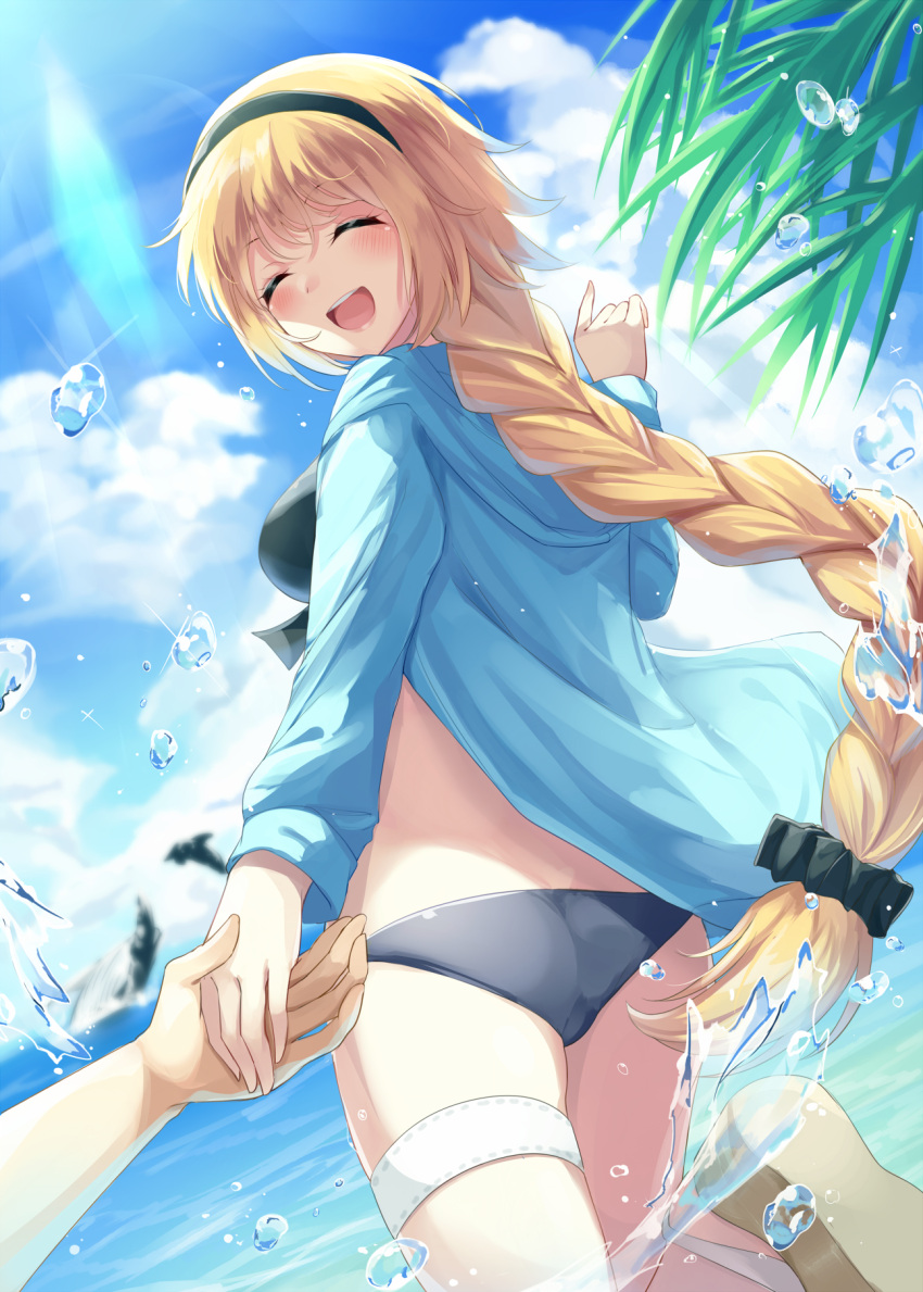 1girl :d ^_^ ass bangs bikini black_bikini black_hairband blonde_hair blue_jacket blue_sky blush brown_footwear closed_eyes closed_eyes commentary_request day dolphin dutch_angle eyebrows_visible_through_hair facing_viewer fate/grand_order fate_(series) hair_ornament hair_scrunchie hairband hand_holding hand_up highres hood hooded_jacket igakusei jacket jeanne_d'arc_(fate)_(all) jeanne_d'arc_(grimms_notes) long_braid long_hair long_sleeves ocean open_clothes open_jacket open_mouth orca outdoors palm_tree pov running sandals scrunchie sky smile solo_focus swimsuit thigh_strap thighs tree very_long_hair water_drop