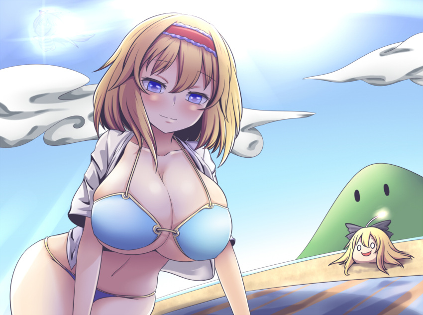 2girls alice_margatroid beach bikini black_bow blonde_hair blue_eyes blush bow breasts cleavage commentary_request curvy hair_between_eyes hairband huge_breasts junko_(touhou) lolita_hairband looking_at_viewer multiple_girls o_o open_mouth smile sunlight swimsuit thighs touhou xialu_zajin