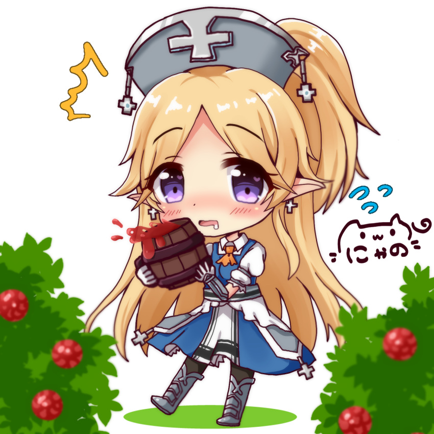 /\/\/\ 1girl armored_boots ascot ayase_yukari bangs berries black_legwear blonde_hair blue_dress blurry blurry_foreground blush boots bush chibi collared_shirt commentary_request cross cross_earrings cup depth_of_field dress drink drooling earrings elbow_gloves elf eyebrows_visible_through_hair gloves hat heart high_ponytail highres holding holding_cup jewelry knee_boots long_hair nurse_cap nyano21 orange_neckwear pantyhose parted_bangs parted_lips pointy_ears ponytail princess_connect! princess_connect!_re:dive puffy_short_sleeves puffy_sleeves saliva shirt short_sleeves signature sleeveless sleeveless_dress solo spilling standing standing_on_one_leg tankard vambraces very_long_hair violet_eyes white_background white_gloves white_shirt