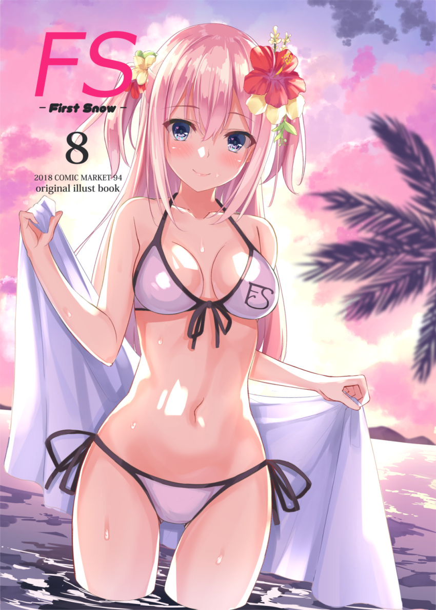 1girl backlighting bangs bare_shoulders bikini blue_eyes blush breasts breasts_apart circle_name closed_mouth clouds cloudy_sky collarbone comiket_94 commentary_request cowboy_shot dutch_angle eyebrows_visible_through_hair flower front-tie_bikini front-tie_top hair_flower hair_ornament hatsu_(first_snow) heart heart_in_eye hibiscus highres holding holding_towel long_hair looking_at_viewer medium_breasts navel ocean original outdoors palm_tree pink_hair shiny shiny_hair side-tie_bikini sky smile sunlight swimsuit symbol_in_eye towel tree twilight two_side_up wading water water_drop wet white_bikini