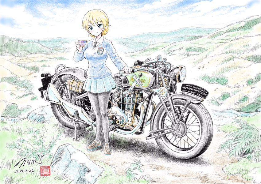 1girl artist_name bangs black_footwear black_legwear black_neckwear blonde_hair blue_eyes blue_skirt blue_sweater braid closed_mouth clouds cloudy_sky cup darjeeling dated day dress_shirt emblem eyebrows_visible_through_hair gillet_500_ohv_supersport girls_und_panzer ground_vehicle highres holding holding_cup kubota_shinji loafers long_sleeves looking_at_viewer miniskirt motor_vehicle motorcycle necktie outdoors pantyhose pleated_skirt school_uniform shirt shoes short_hair signature skirt sky smile solo st._gloriana's_(emblem) st._gloriana's_school_uniform sweater teacup tied_hair twin_braids v-neck vehicle_request watermark white_shirt wing_collar