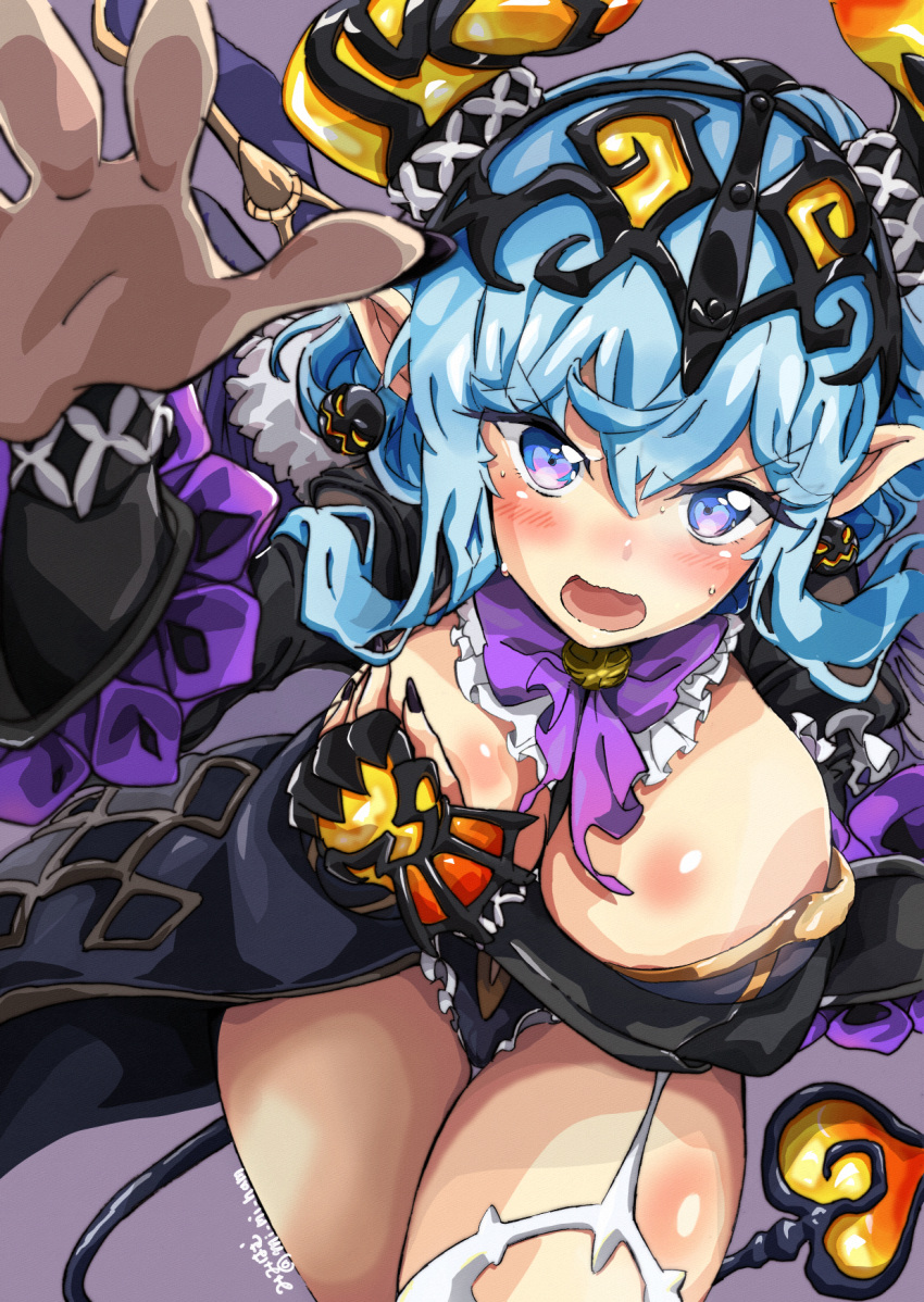 1girl artist_name bangs black_nails blue_eyes blue_hair blush breasts celeas covering covering_breasts cowboy_shot demon_girl demon_horns demon_tail demon_wings earrings eyebrows_visible_through_hair fingernails garter_straps hair_between_eyes headpiece highres horns jewelry large_breasts last_period long_fingernails long_sleeves mi_mi_ham nail_polish open_mouth outstretched_arm pointy_ears purple_background solo tail thigh_gap thighs twitter_username v-shaped_eyebrows wings