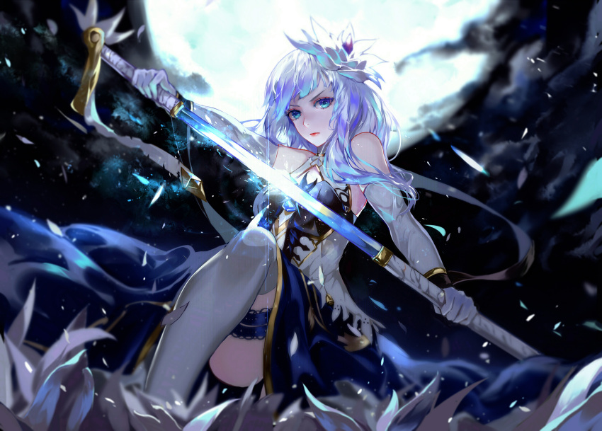 1girl bare_shoulders blue_dress blue_eyes dress elbow_gloves flower gloves hair_flower hair_ornament highres katana long_hair moon night sdorica_-sunset- sheath silver_hair sione_aldric standing standing_on_one_leg sword sword_cane thigh_strap unsheathing vardan weapon white_gloves white_legwear