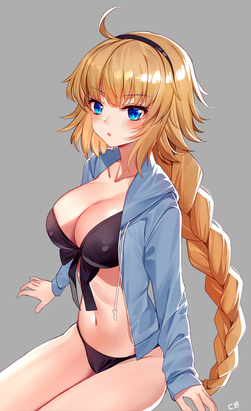 1girl ahoge bangs baocaizi bikini black_bikini black_hairband blonde_hair blue_eyes blue_jacket blush braid breasts cleavage collarbone commentary_request drawstring eyebrows_visible_through_hair fate/grand_order fate_(series) front-tie_bikini front-tie_top grey_background hairband highres hood hood_down hooded_jacket jacket jeanne_d'arc_(fate) jeanne_d'arc_(fate)_(all) large_breasts long_hair long_sleeves looking_at_viewer navel open_clothes open_jacket parted_lips signature simple_background single_braid sitting sleeves_past_wrists solo swimsuit very_long_hair