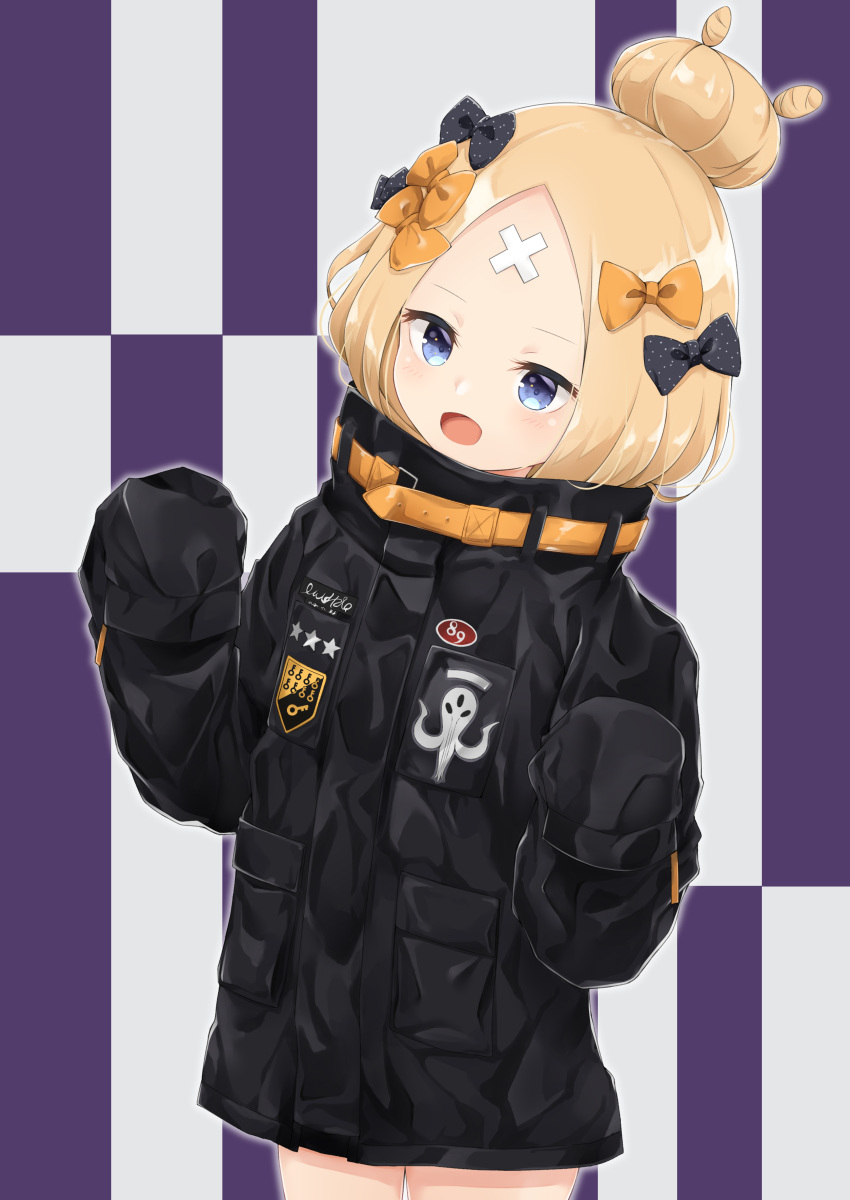 1girl :d abigail_williams_(fate/grand_order) absurdres bangs black_bow black_jacket blonde_hair blue_eyes blush bow commentary_request cowboy_shot crossed_bandaids fate/grand_order fate_(series) hair_bow hair_bun hands_up highres hijouguti jacket long_hair long_sleeves looking_at_viewer open_mouth orange_bow parted_bangs polka_dot polka_dot_bow sleeves_past_fingers sleeves_past_wrists smile solo standing