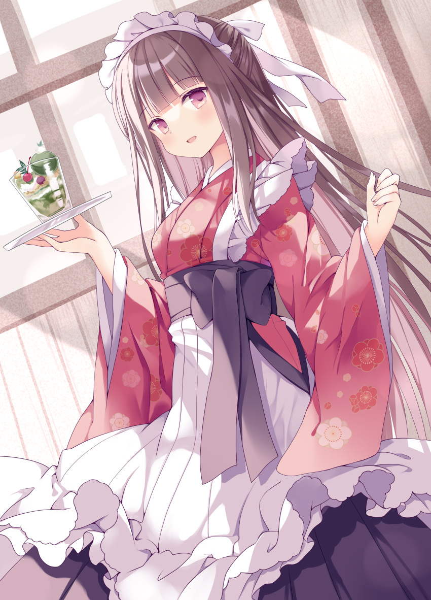 1girl absurdres apron bangs blunt_bangs dessert eyebrows_visible_through_hair floral_print food frilled_apron frills highres holding hoshino_koucha japanese_clothes kimono long_sleeves looking_at_viewer maid_apron maid_headdress original pink_eyes print_kimono red_kimono solo wa_maid white_apron wide_sleeves