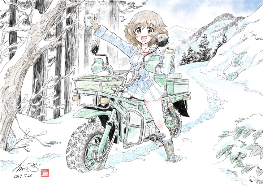 1girl akiyama_yukari arm_up artist_name bangs black_footwear black_legwear blue_jacket blue_sky boots brown_eyes brown_gloves brown_hair clouds cloudy_sky colored_pencil_(medium) commentary cup dated day eyebrows_visible_through_hair girls_und_panzer gloves ground_vehicle highres holding honda jacket kubota_shinji logo long_sleeves messy_hair military military_uniform miniskirt motor_vehicle motorcycle mountain ooarai_military_uniform outdoors pleated_skirt riding shirt short_hair signature skirt sky snow socks solo standing steam traditional_media trail tree uniform vehicle_request watermark white_skirt winter zipper