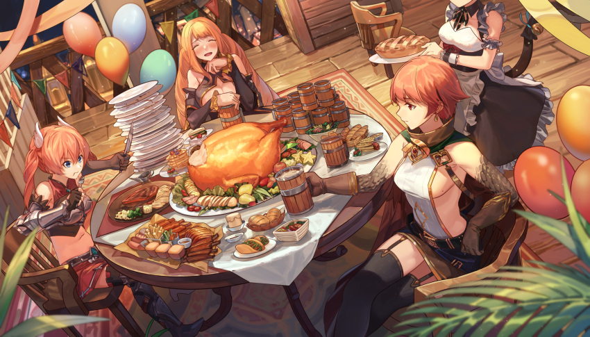 4girls arm_warmers balloon bell belt black_legwear blonde_hair blue_eyes bracer bread breasts brown_gloves brown_hair cat_tail chair cleavage closed_eyes cup dutch_angle earrings food food_request fork garter_straps gloves greaves highres holding holding_fork holding_knife indoors jewelry jingle_bell knife large_breasts long_hair looking_at_another maid medium_breasts mug multiple_girls navel orange_hair pancake pie plate ponytail red_eyes red_skirt rff_(3_percent) rug scales sdorica_-sunset- short_hair sideboob sitting skirt string_of_flags table tail tray turkey very_long_hair wooden_floor wrist_cuffs
