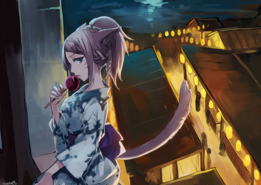1girl animal_ears blue_eyes blurry blurry_background braid brown_hair candy_apple cat_ears cat_tail facial_mark festival final_fantasy final_fantasy_xiv food hisato_ar holding holding_food japanese_clothes kimono lips looking_at_viewer miqo'te night open_mouth profile short_hair short_ponytail signature solo tail yukata