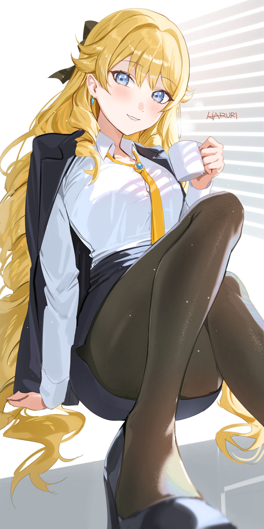 1girl alternate_costume black_pantyhose black_skirt blonde_hair blue_eyes commentary_request foot_out_of_frame genshin_impact grin hair_intakes haruri highres knee_up long_hair long_sleeves looking_at_viewer miniskirt navia_(genshin_impact) necktie pantyhose pencil_skirt shirt sitting skirt smile solo very_long_hair white_shirt yellow_necktie