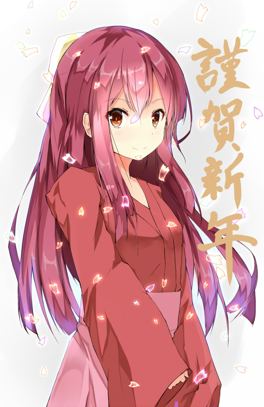1girl blush bow breasts closed_mouth dress eyebrows_visible_through_hair gradient gradient_background hair_between_eyes hair_bow happy_new_year highres japanese_clothes kamikaze_(kantai_collection) kantai_collection kimono long_hair long_sleeves looking_at_viewer mr._kr new_year orange_eyes pink_hair small_breasts smile solo translated yellow_bow