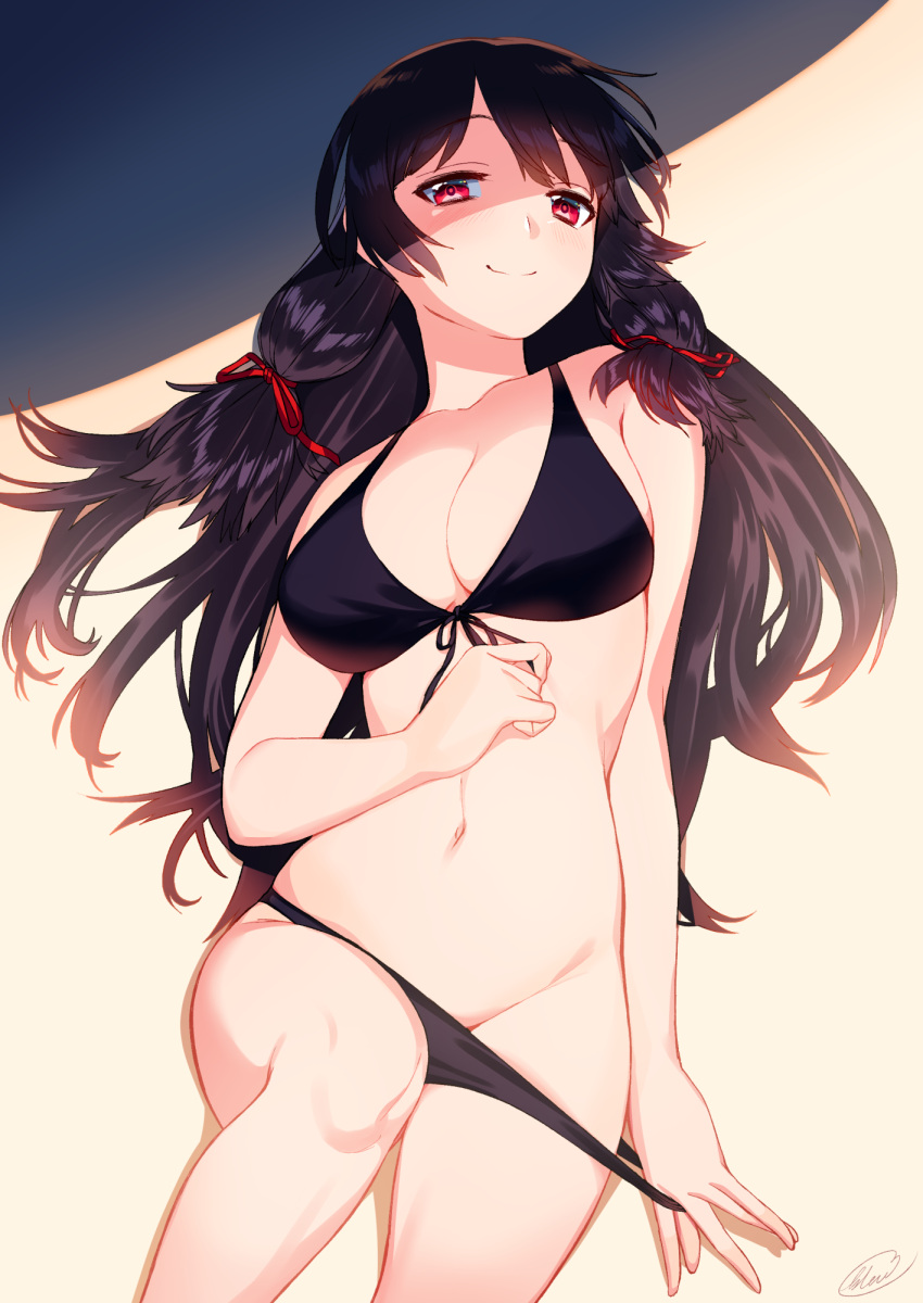 1girl arm_at_side bikini bikini_pull black_hair blew_andwhite breasts cleavage front-tie_bikini front-tie_top hair_ribbon highres isokaze_(kantai_collection) kantai_collection large_breasts long_hair looking_at_viewer lying navel on_back pulled_by_self red_eyes ribbon smile solo swimsuit