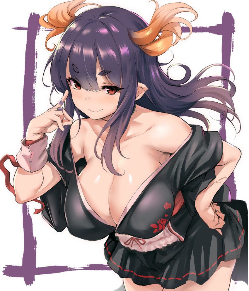 1girl absurdres bare_shoulders black_hair blush breasts character_request cleavage clenched_hand collarbone copyright_request fang hand_on_hip highres horns japanese_clothes jewelry kimono kimono_skirt kztk large_breasts leaning_forward long_hair looking_at_viewer pointy_ears red_eyes ring skirt smile solo wrist_cuffs
