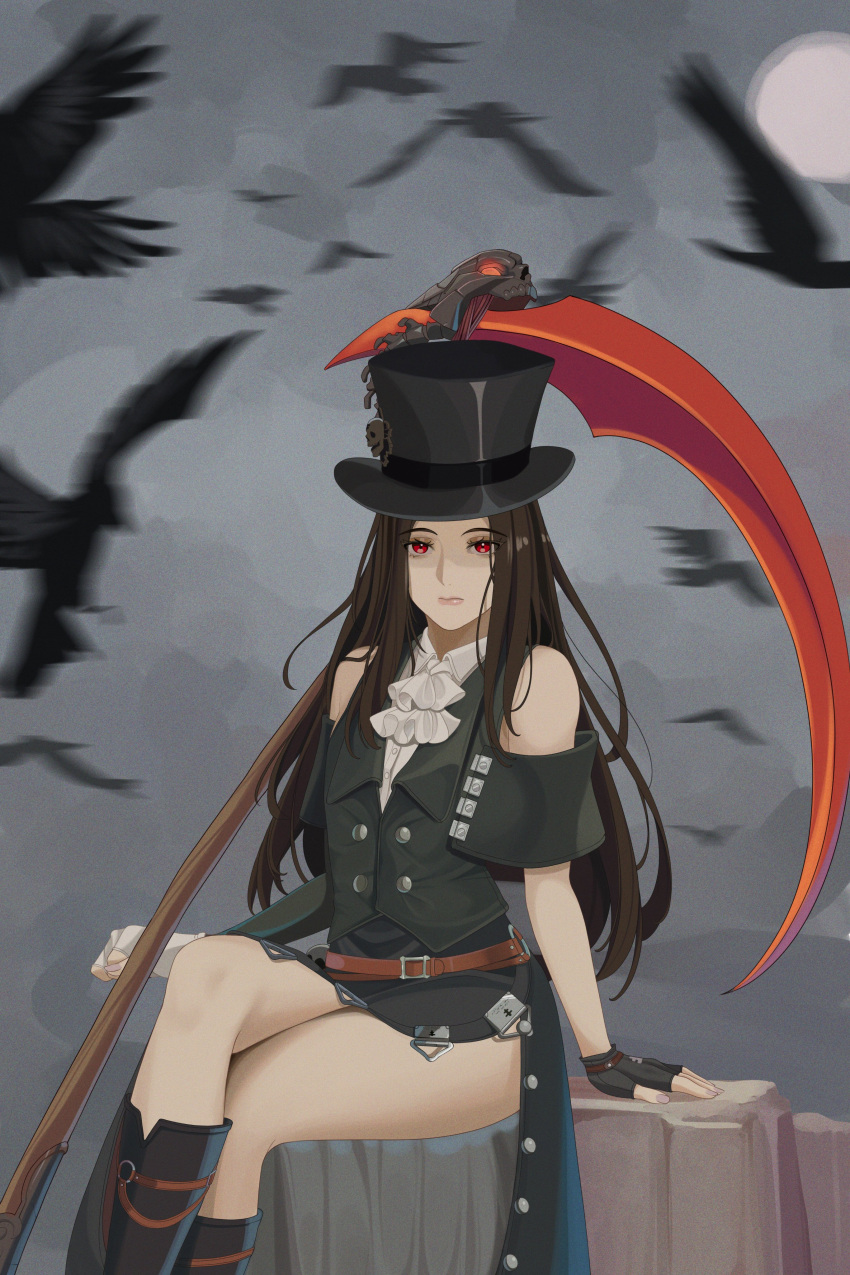 1other absurdres androgynous bare_shoulders belt bird black_hair boots crow fingerless_gloves gloves gothic guilty_gear hat highres long_hair otoko_no_ko pale_skin quatthro red_eyes scythe shaded_face testament_(guilty_gear) thighs top_hat