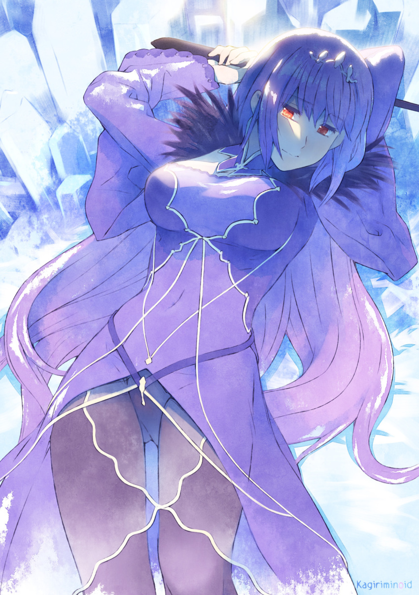 1girl bangs breasts covered_navel dress eyebrows_visible_through_hair fate/grand_order fate_(series) hair_between_eyes highres ice jewelry light_smile long_hair looking_at_viewer panties panties_under_pantyhose pantyhose purple_dress purple_hair red_eyes scathach_(fate)_(all) scathach_(fate/grand_order) scathach_skadi_(fate/grand_order) solo takano_kou tiara underwear wand