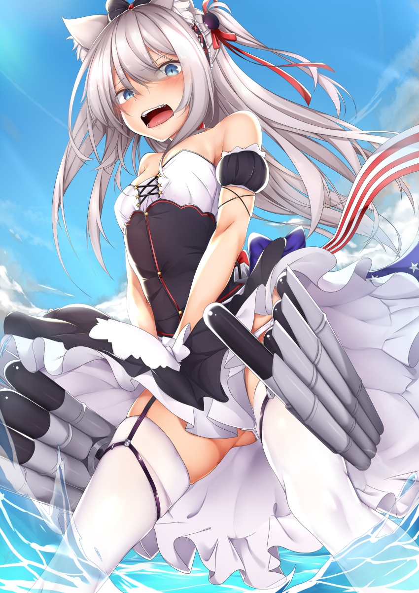 1girl absurdres american_flag american_flag_print animal_ears apron azur_lane bangs bare_shoulders black_bow black_dress blue_bow blue_eyes blue_sky bow breasts cat_ears cat_hair_ornament clouds collarbone commentary_request covering covering_crotch day detached_sleeves dress eyebrows_visible_through_hair flag_print hair_between_eyes hair_bow hair_ornament hair_ribbon hammann_(azur_lane) highres kana616 long_hair looking_at_viewer one_side_up open_mouth outdoors panties puffy_short_sleeves puffy_sleeves red_ribbon ribbon short_sleeves silver_hair sky small_breasts solo spanish_commentary standing star strapless strapless_dress thigh-highs thighs torpedo underwear very_long_hair waist_apron white_apron white_legwear white_panties