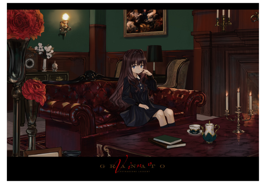 1girl artist_name bangs black_dress blue_eyes book brown_hair burning candle candlestand clock closed_mouth couch cup dress fire flower hair_between_eyes hair_intakes hand_up highres indoors long_hair long_sleeves looking_at_viewer luicent on_couch original pillow red_flower red_rose roman_numerals rose saucer sidelocks sitting solo table teacup teapot vase very_long_hair white_flower