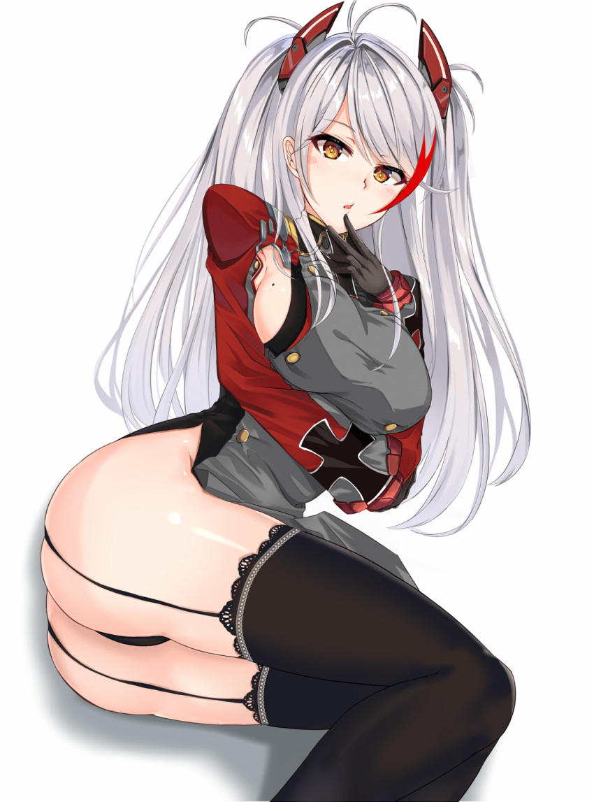 1girl antenna_hair azur_lane bangs black_gloves black_legwear blush breast_hold breasts brown_eyes garter_straps gloves hand_up highres iron_cross large_breasts long_hair looking_at_viewer lying mole mole_on_breast mukatsukulsp multicolored_hair on_side prinz_eugen_(azur_lane) redhead sideboob silver_hair solo streaked_hair thighs two_side_up very_long_hair
