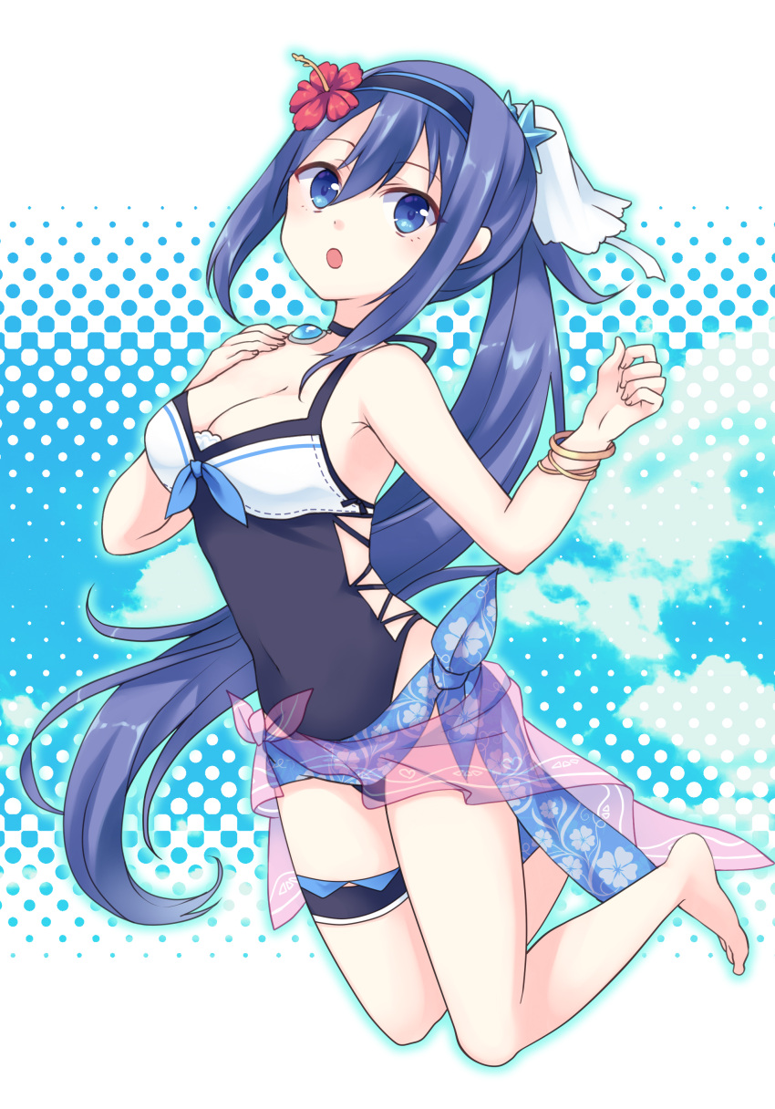 1girl :o absurdres bangle bangs bare_arms bare_shoulders barefoot black_hairband black_swimsuit blue_eyes blue_hair blue_sky bracelet breasts casual_one-piece_swimsuit character_request cleavage clouds day eyebrows_visible_through_hair fingernails floral_print flower green_outline gucchiann hair_between_eyes hair_flower hair_ornament hairband halftone halftone_background hands_up head_tilt highres jewelry long_hair looking_at_viewer medium_breasts one-piece_swimsuit outline parted_lips ponytail princess_connect! red_flower see-through sidelocks sky solo swimsuit very_long_hair