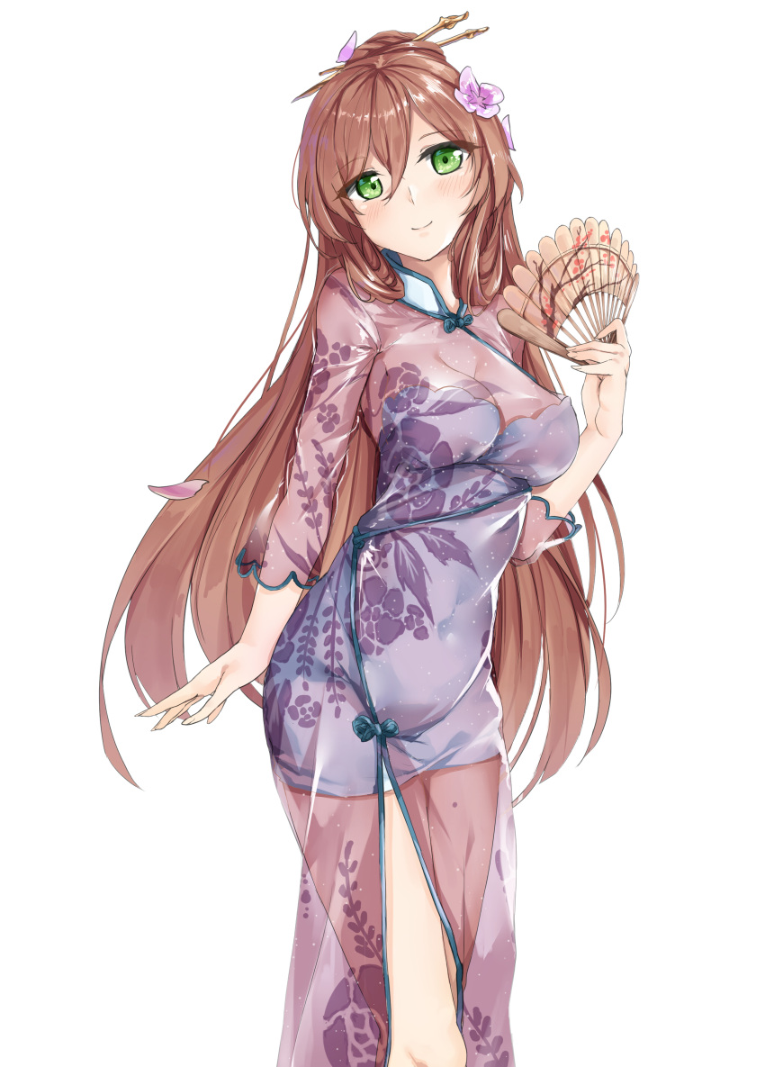 1girl absurdres alternate_costume alternate_hairstyle bangs blush breasts brown_hair china_dress chinese_clothes cleavage closed_mouth dress eyebrows_visible_through_hair fan flower folding_fan girls_frontline green_eyes hair_between_eyes hair_flower hair_ornament hair_ribbon hair_rings hansal head_tilt highres holding holding_fan large_breasts long_hair looking_at_viewer m1903_springfield_(girls_frontline) petals ponytail ribbon see-through sidelocks simple_background smile solo strapless strapless_dress thighs white_background