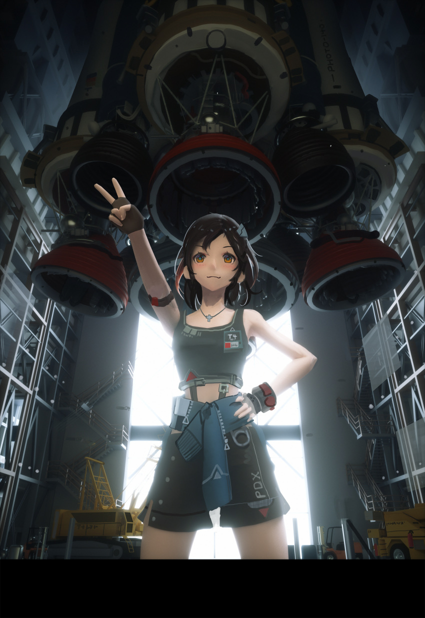 1girl absurdres brown_eyes brown_hair clothes_around_waist fingerless_gloves gloves hand_on_hip highres ibara_dance id_card jacket_around_waist jewelry necklace original outstretched_arm rocket short_hair shorts smile solo tank_top v