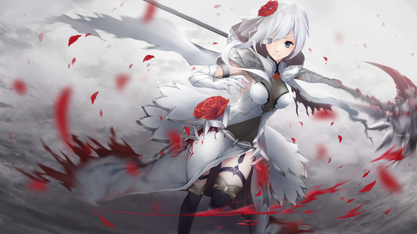 1girl blood bloody_clothes blue_eyes cape dress elbow_gloves flower garter_straps gloves hair_flower hair_ornament highres motion_blur petals rose scal2let scythe see-through serious sinoalice snow_white_(sinoalice) solo thigh-highs torn_cape torn_clothes torn_dress white_hair