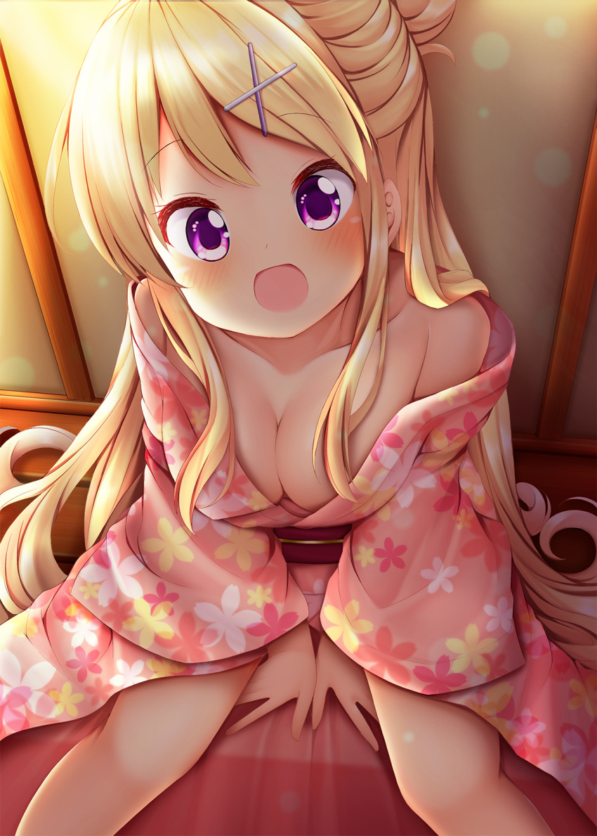 1girl :d bangs bare_shoulders between_legs blonde_hair blush breasts cleavage collarbone commentary_request eyebrows_visible_through_hair floral_print hair_bun hair_ornament hairclip hand_between_legs head_tilt highres indoors japanese_clothes kimono kin-iro_mosaic kujou_karen long_hair long_sleeves looking_at_viewer medium_breasts minato_(ojitan_gozaru) obi off_shoulder on_floor open_mouth pink_kimono print_kimono sash sitting smile solo thighs very_long_hair violet_eyes wide_sleeves wooden_floor x_hair_ornament yukata