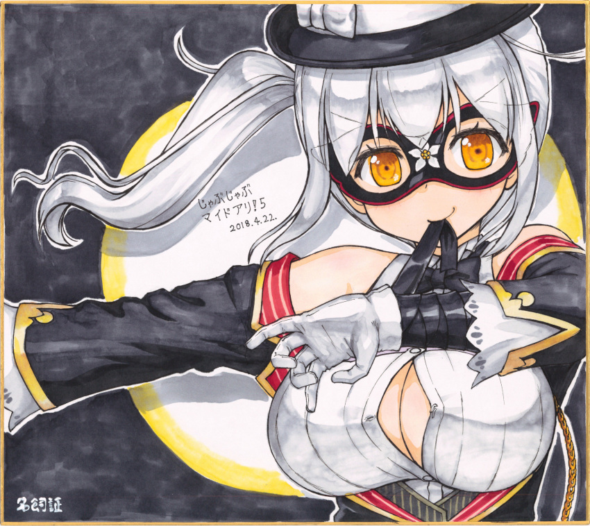 1girl absurdres breasts cleavage dated flower_knight_girl gloves hat highres large_breasts long_hair marker_(medium) mask mouth_hold nakaishow orange_eyes side_ponytail signature smile solo traditional_media translated warunasubi_(flower_knight_girl) white_gloves white_hair